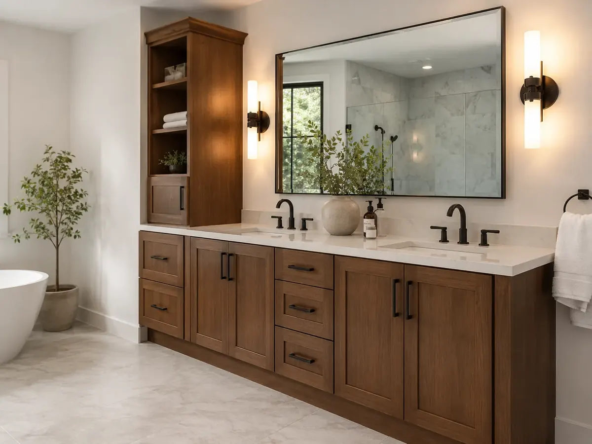 Bathroom Cabinets in Alamo Heights - TX being installed as a carpenter aligns doors in a bright vanity area