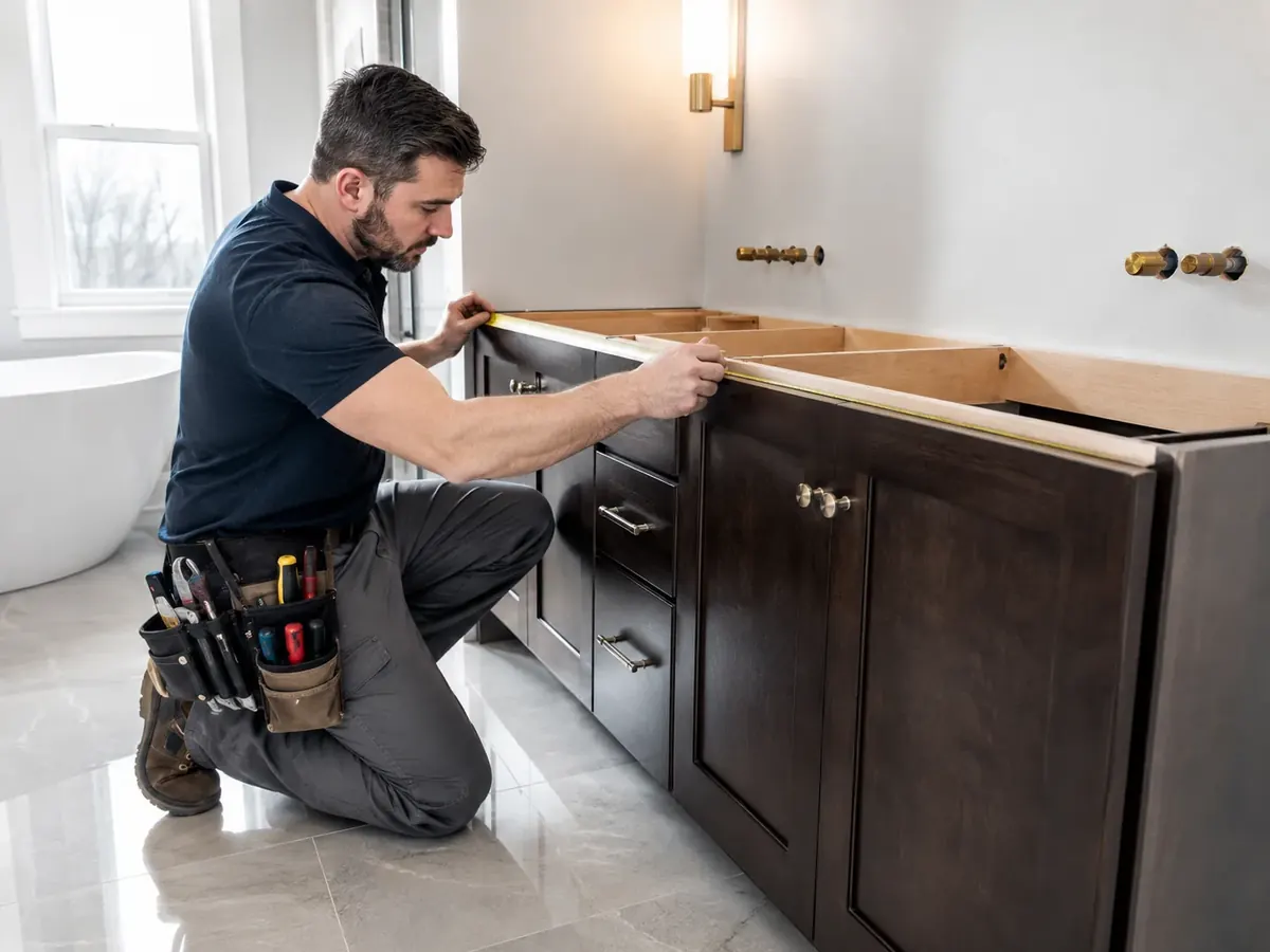 Installer measuring Bathroom Cabinets beside a vanity wall in an Alamo Heights - TX home renovation
