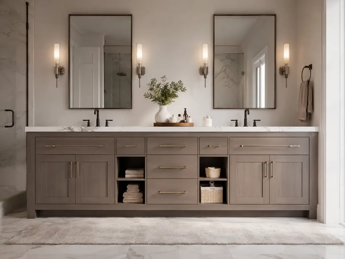 Bathroom Cabinets in Castle Hills - TX being fitted as an installer adjusts vanity drawers during a remodel