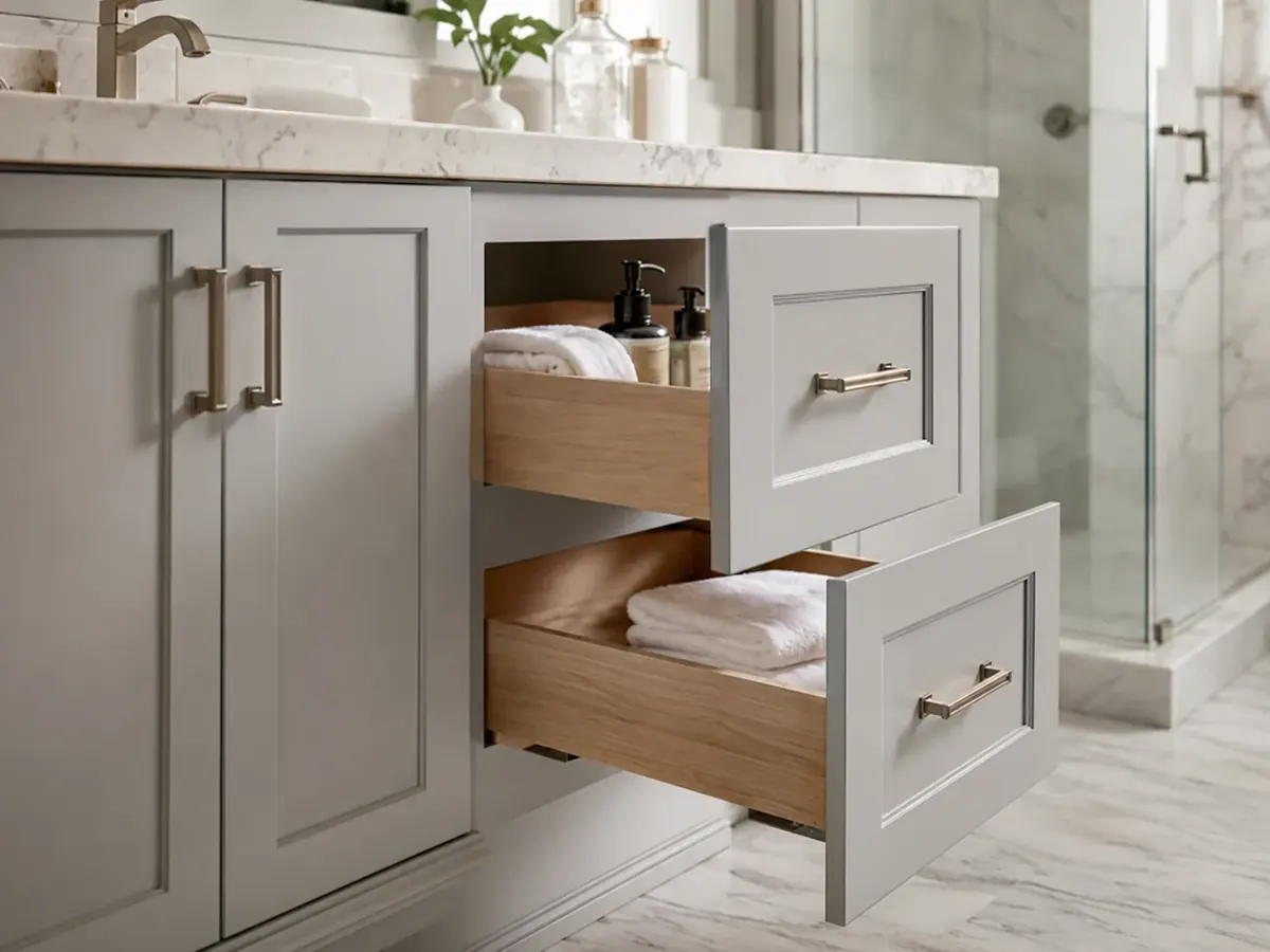 Craftsman measuring Bathroom Cabinets near a double vanity in a Castle Hills - TX bathroom update