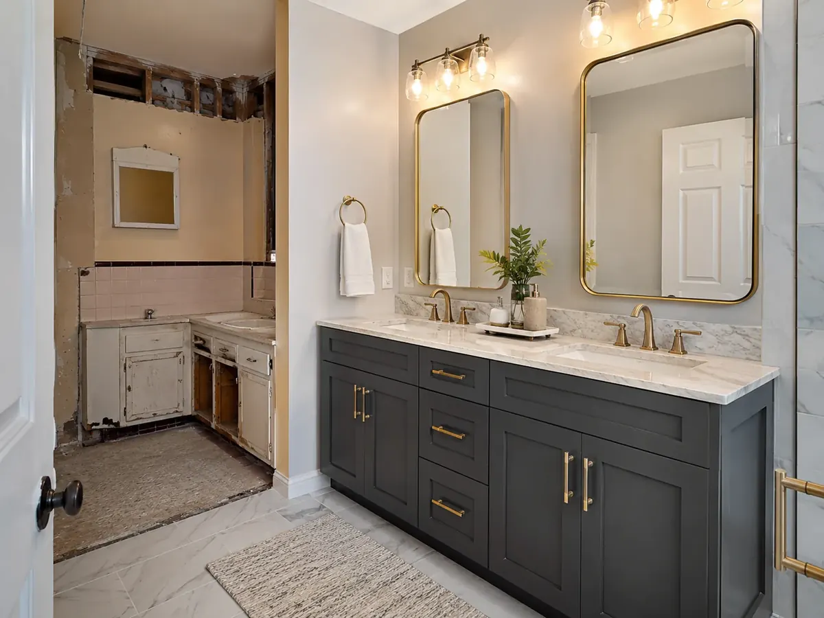 Skilled cabinet installer checking vanity alignment and drawer spacing precisely, Bathroom Cabinets in Helotes - TX being installed as a craftsman aligns sleek vanity doors