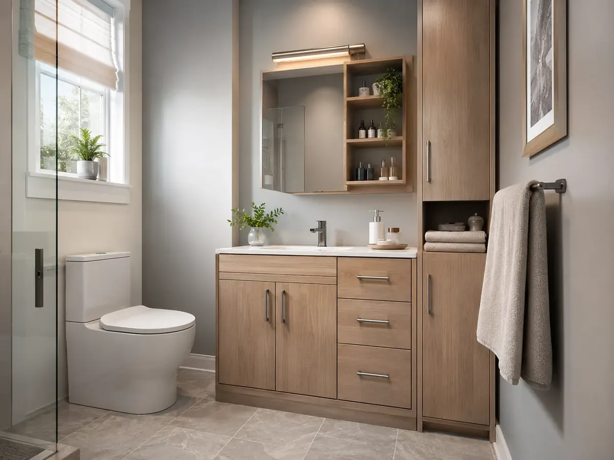 New bathroom vanity cabinets installed in a modern San Antonio primary bath, Installer measuring Bathroom Cabinets beside a vanity wall in a Helotes - TX bathroom remodel